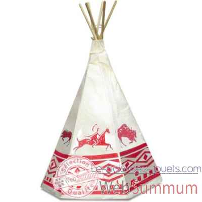 Tente d\'indien-Tipie decors rouges toile Denim-Piquets en pin maritime- Hauteur 220 cm - Univers du Petitcollin-800206
