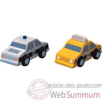 Video Taxi et voiture de police en bois - Plan Toys 6073